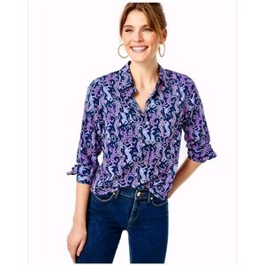 Lilly Pulitzer Sea View Button Down Top Shirt Oyster Bay Navy Pink Size XXS EUC